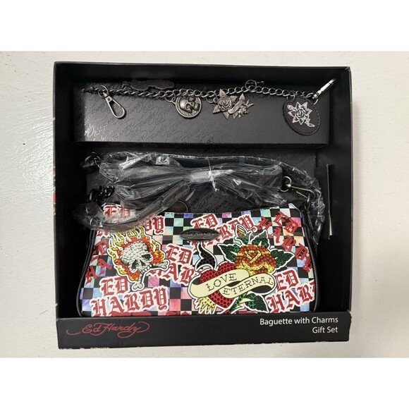 Ed Hardy Y2K Love Eternal Shoulder Bag Rhinestone Print Baguette Gift Box - Picture 1 of 2